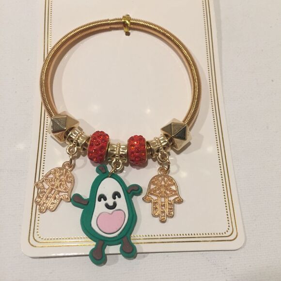 “Millie” Studded Gold Tone Hamsa Avocado Charm Bracelet Spring Coil New - Picture 4 of 5